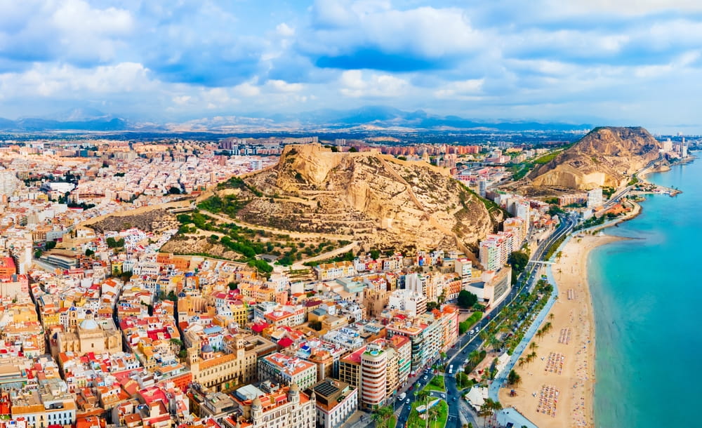 Aerial view of Alicante with Santa Barbara Castle, Mount Benacantil and Postiguet Beach
