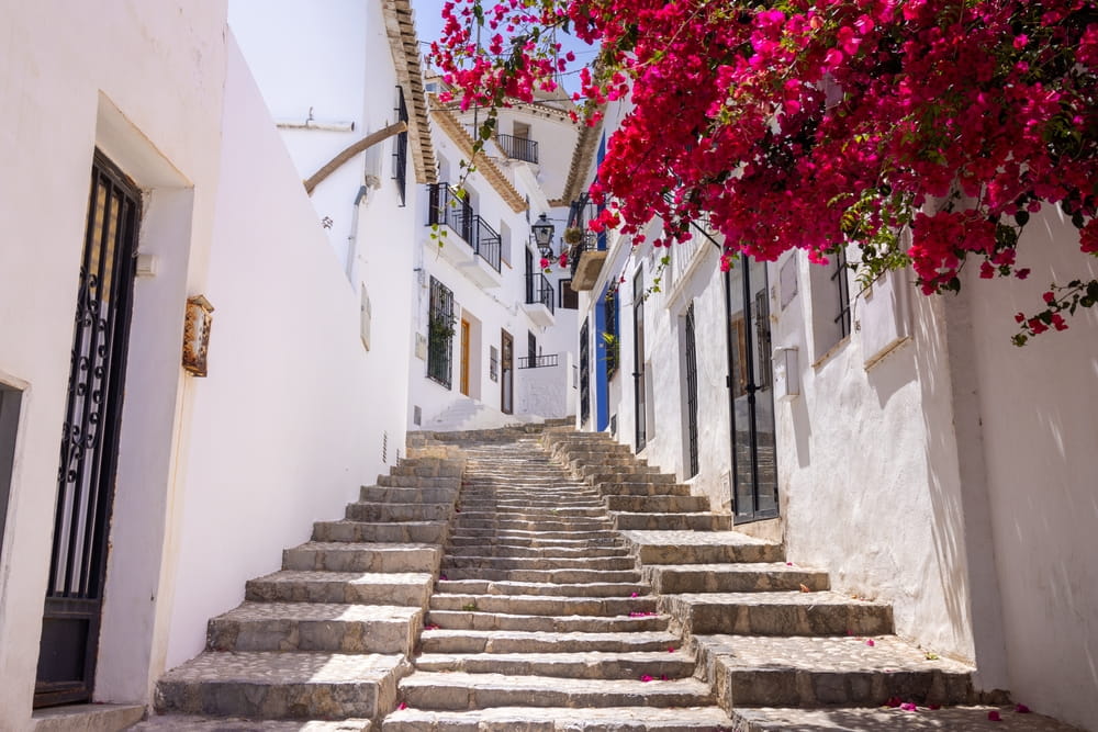 Estrecha escalera de piedra entre casas encaladas y buganvillas rosas en un casco antiguo español.