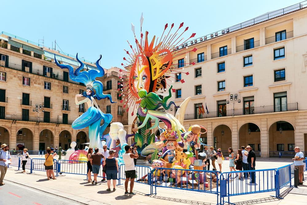 Bonfires of Saint John monument in Alicante square during Hogueras de San Juan festival